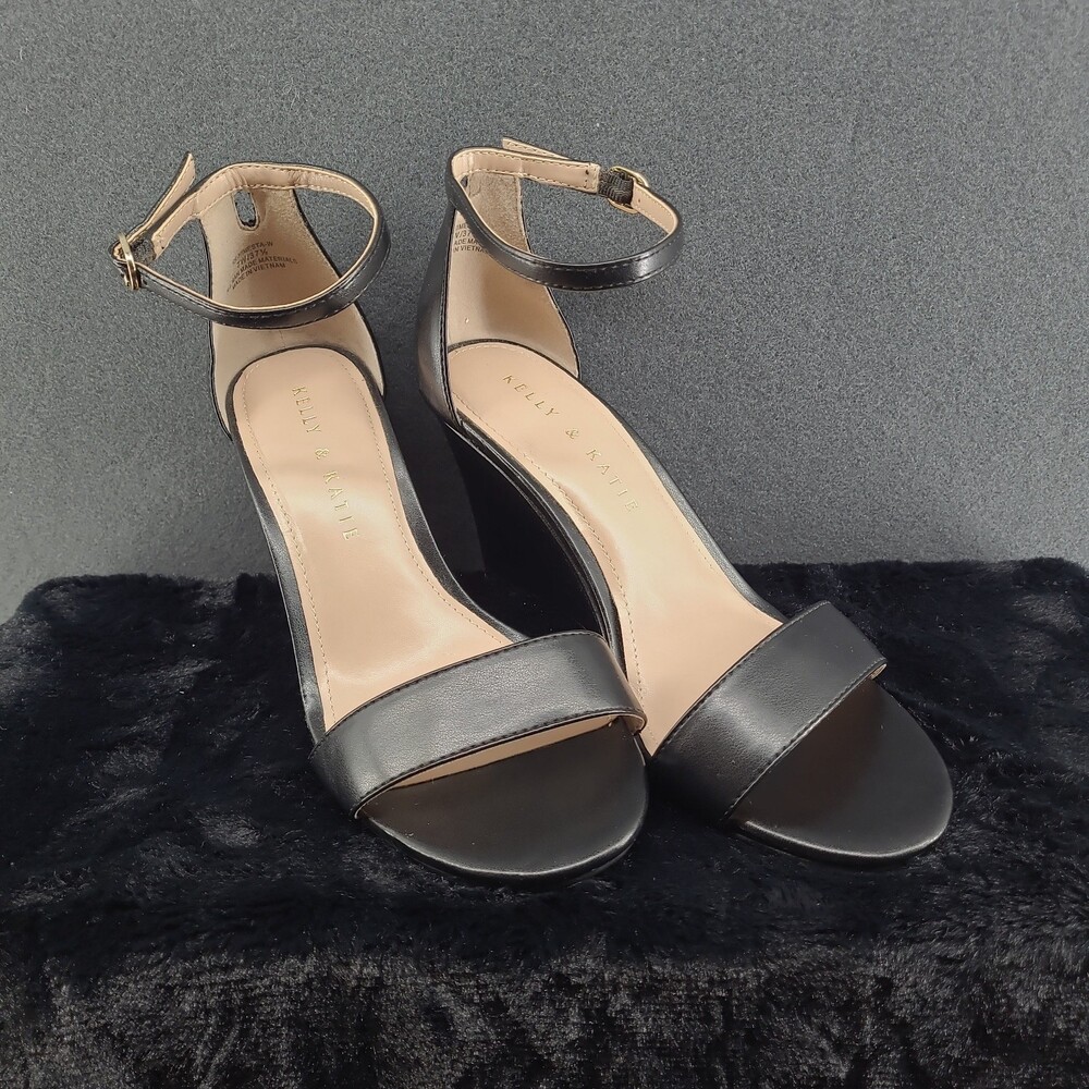 Kelly & Katie Himesta Wedge Sandals Black Ankle Strap Open Toe Womens 7W Wide